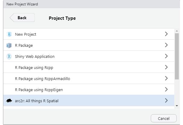 To use the templates, click on 'Create project' and then on 'arc2r: all things R Spatial' 